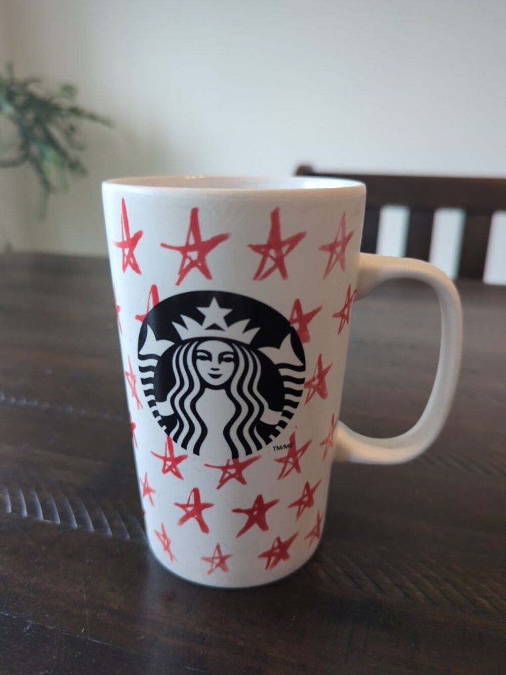 Starbucks 2014 Tall Coffee Mug Tea Cup Red Stars Black Siren Mermaid Logo 16 oz